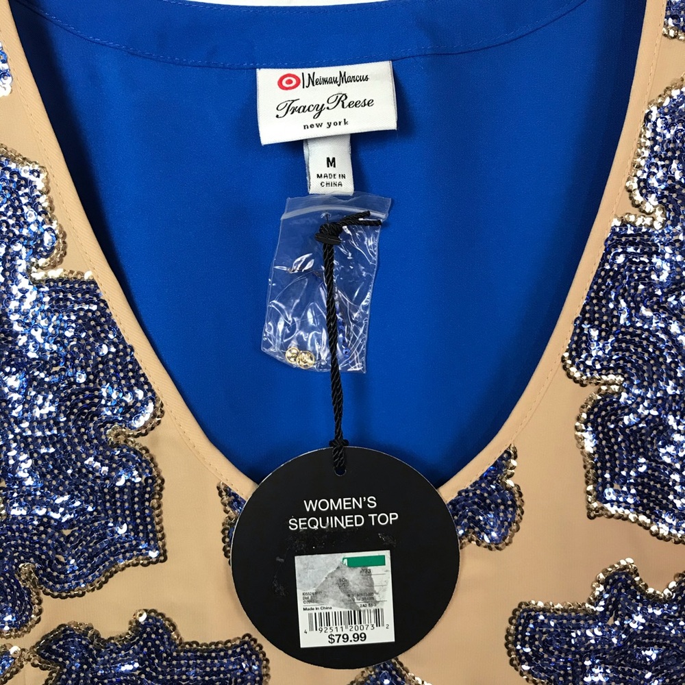Neiman Marcus Royal Blue Nude Gold Sequin Top - Picture 4 of 7